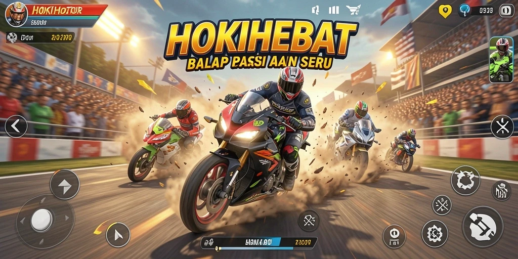 Tampilan gameplay HOKIHEBAT yang seru di tengah balapan motor.