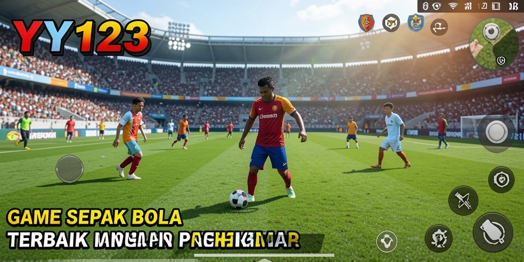 Tangkapan layar gameplay YY123 menunjukkan aksi seru di lapangan sepak bola.